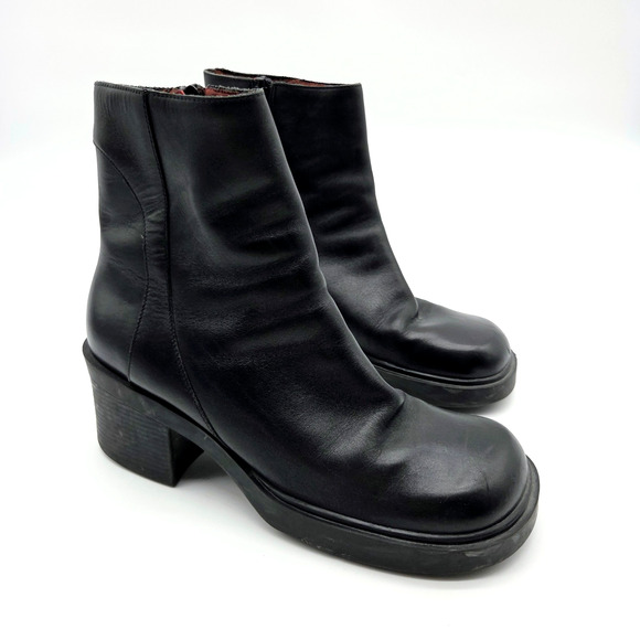 Vintage 90s Cloud 9 Nine West Black Chunky Ankle Boots Size 8.5 9 Side Zip - Picture 1 of 6